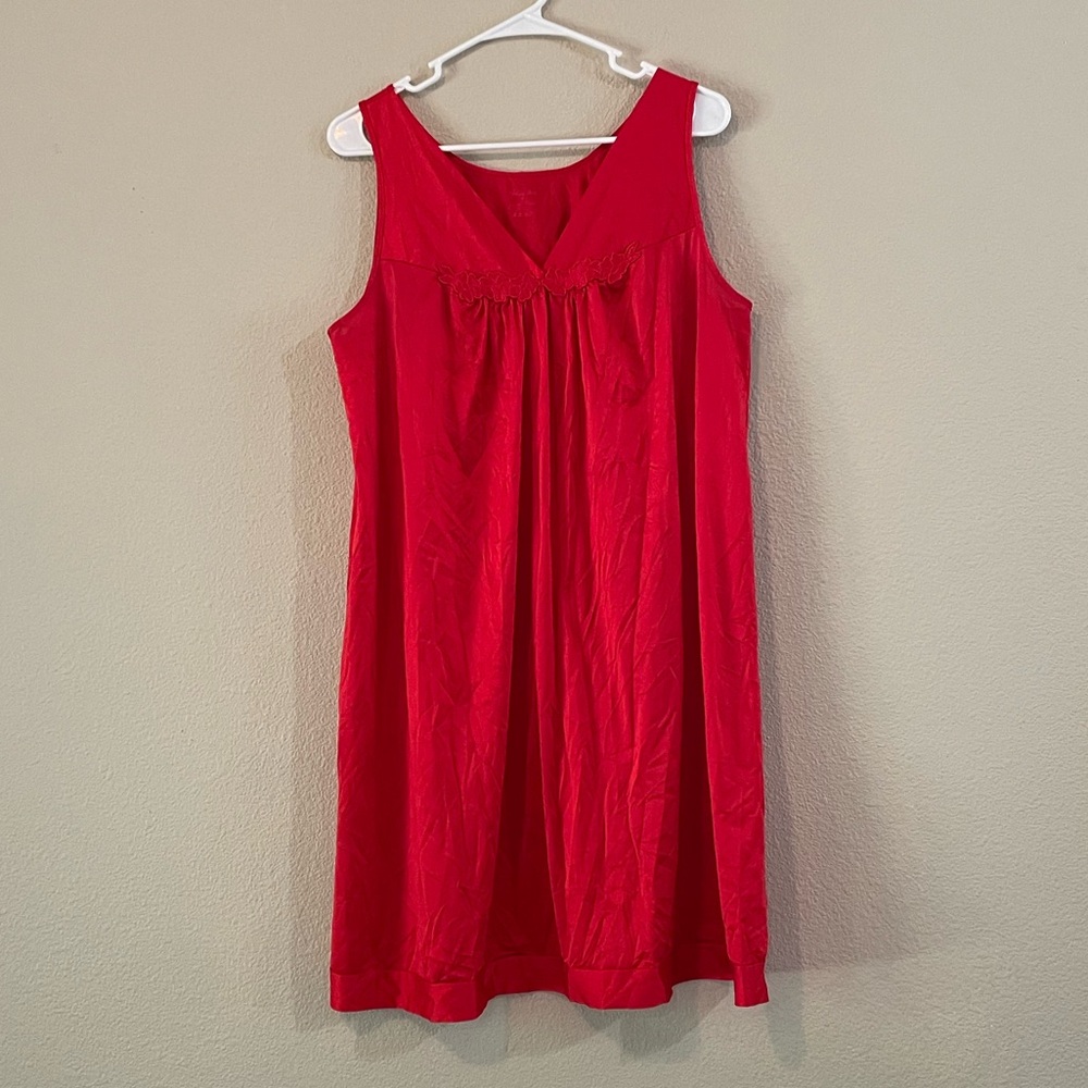 Vanity Fair Red babydoll dress with floral embroidery on the neckline